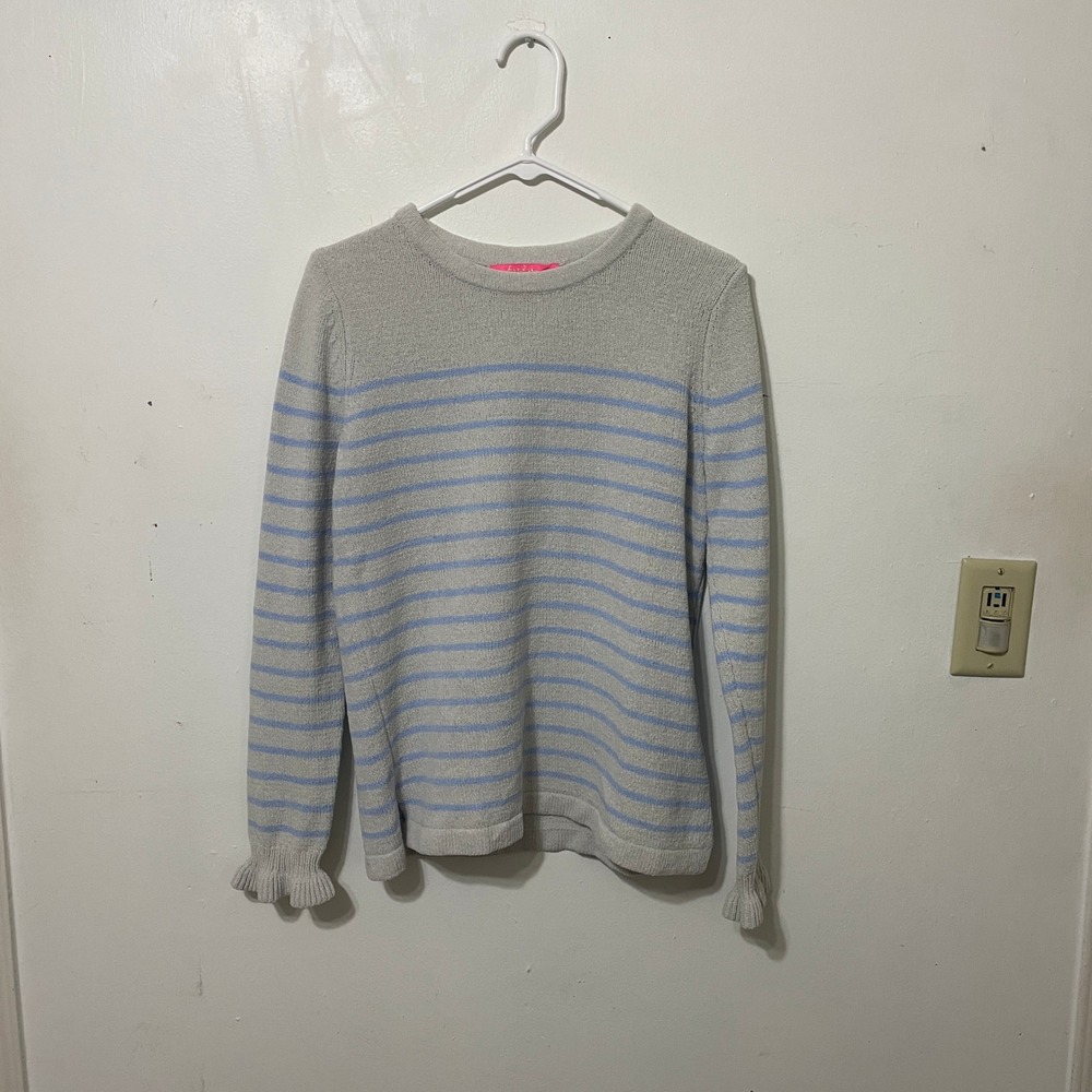 Lilly Pulitzer Striped Ruffle Cuff Sweater Grey Blue Crew Neck Knit Top Womens M
